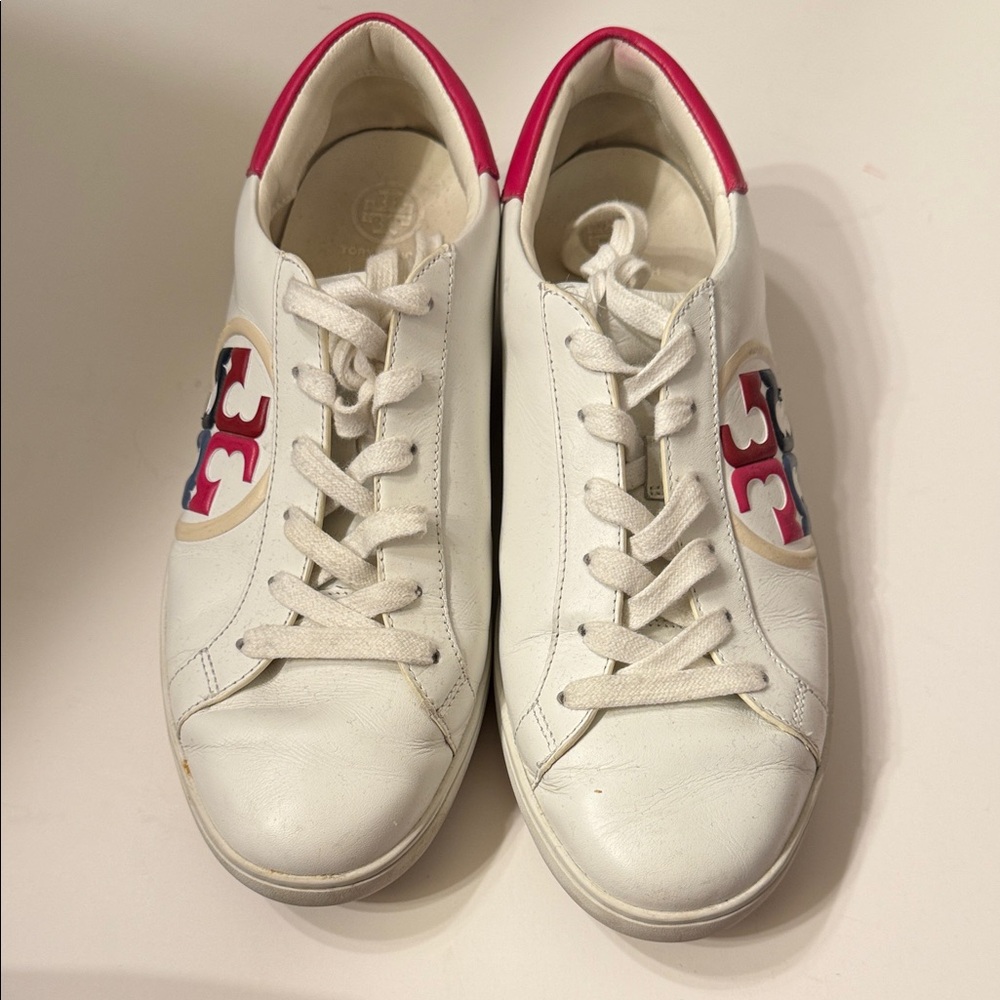 Tory Burch White Sneakers with pink and blue Accents